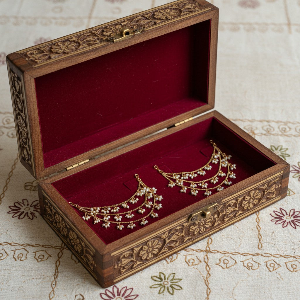 Decorative wooden jewelry box with gold necklaces on a patterned fabric background
