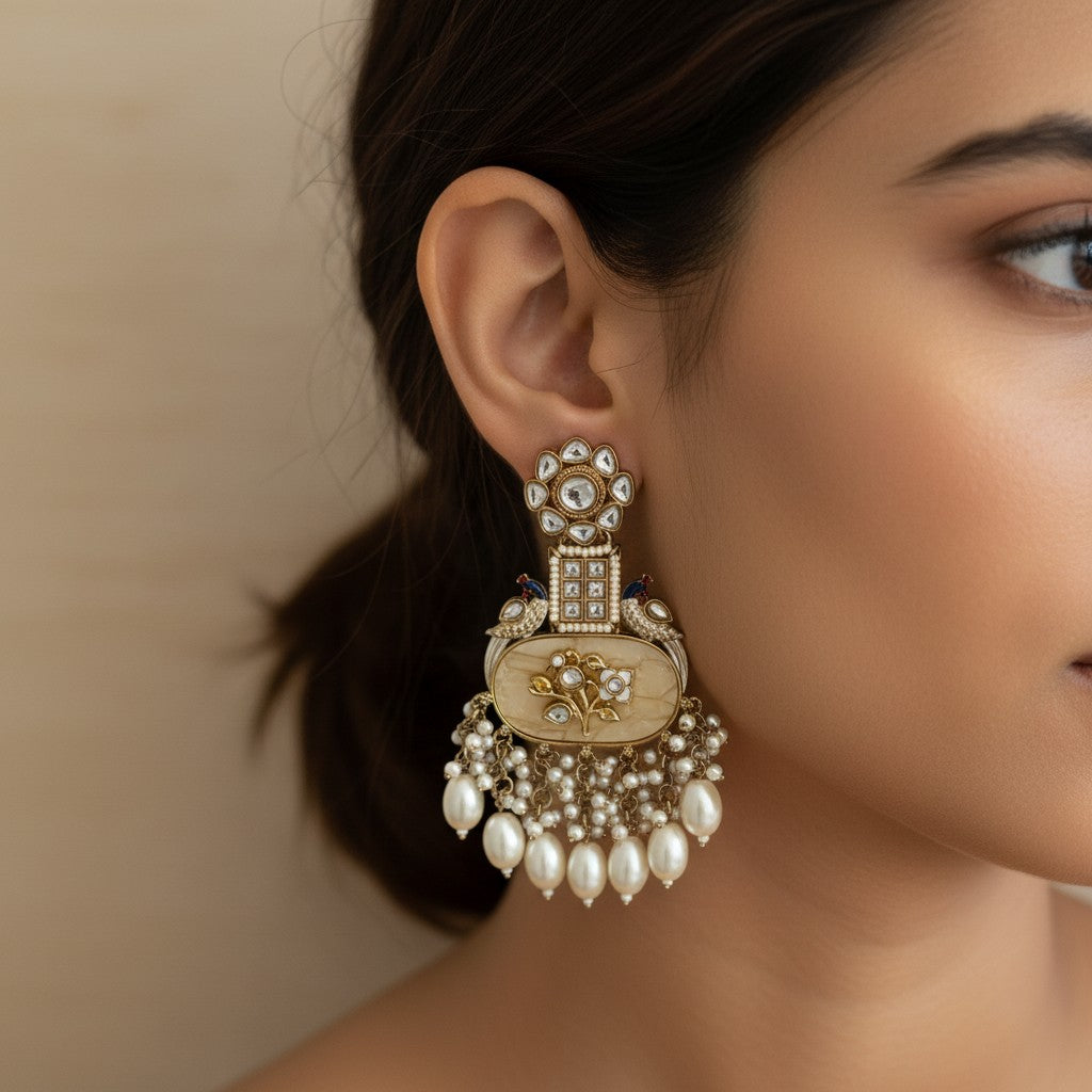 Kundan Polki Peacock Indian Earrings (ST1146) (White)