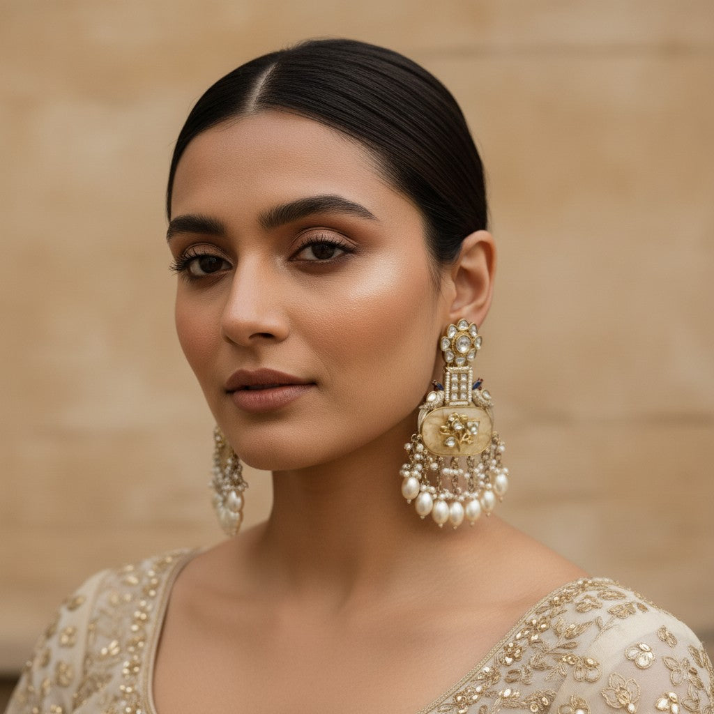 Woman wearing large, ornate earrings with a neutral background