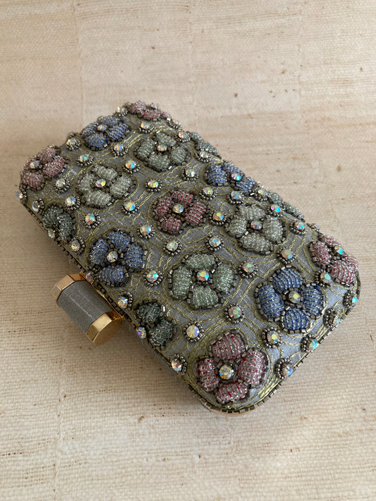 Eliza Rectangular Grey Multicoloured Flower Clutch (ST964)