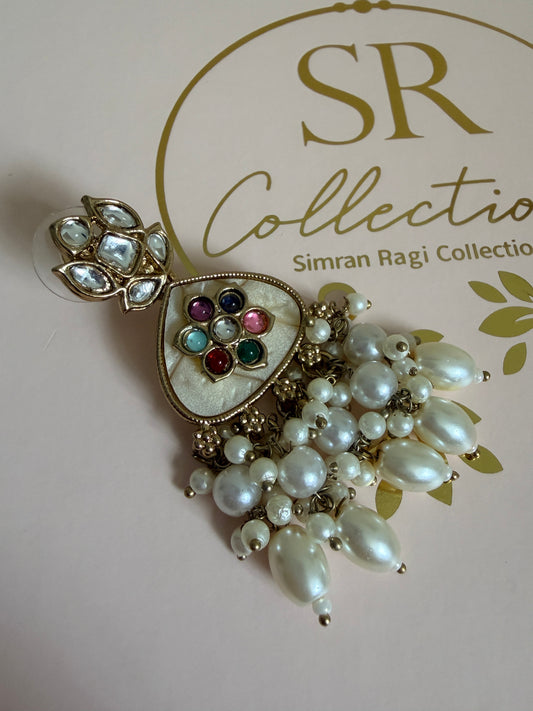 Decorative brooch with pearls and gemstones on a pink background with 'SR Collection' branding.