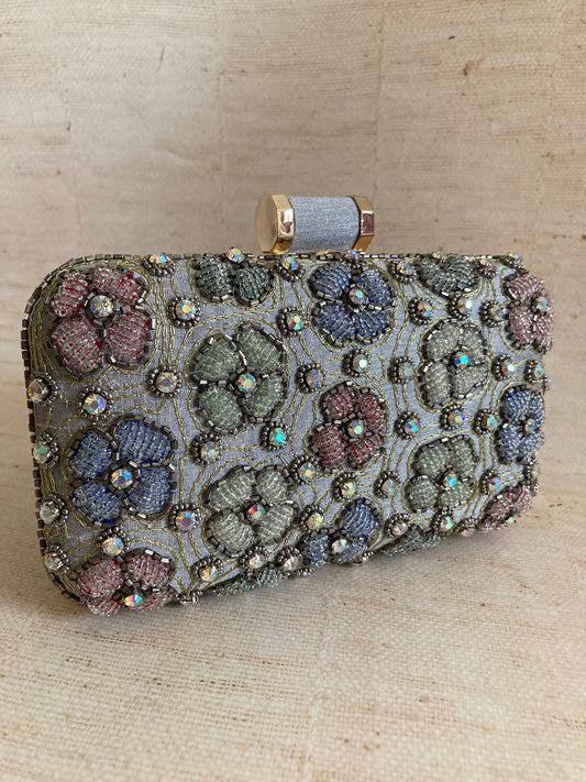 Eliza Rectangular Grey Multicoloured Flower Clutch (ST964)