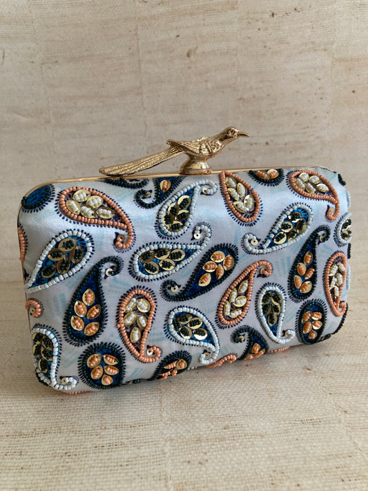 Ariel Rectangular Blue Bird Clasp Clutch (ST963)