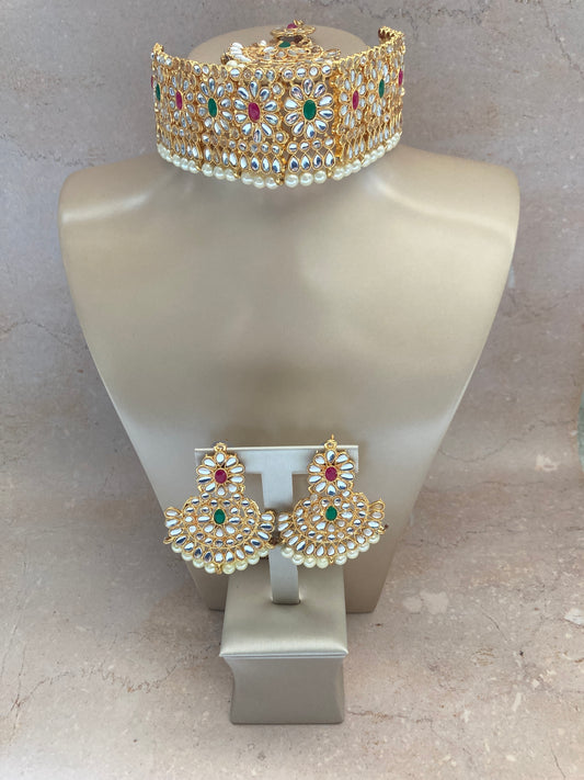 Alia Kundan & Pota Stone Gold Plated Set (ST228)(Pink And Emerald)