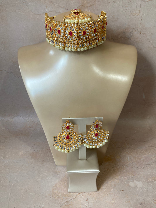 Alia Kundan & Pota Stone Gold Plated Set (ST228)(Red)