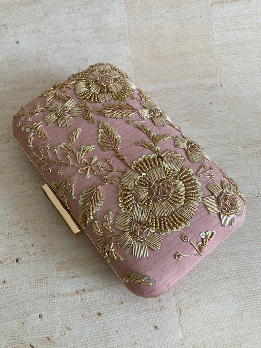 Faryal Handcrafted Raw Silk Clutch (Pink)(ST139)