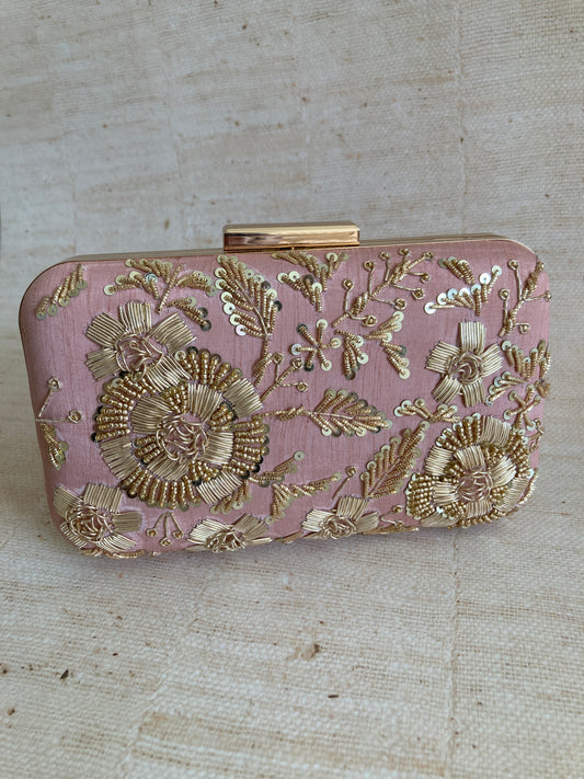 Faryal Handcrafted Raw Silk Clutch (Pink)(ST139)