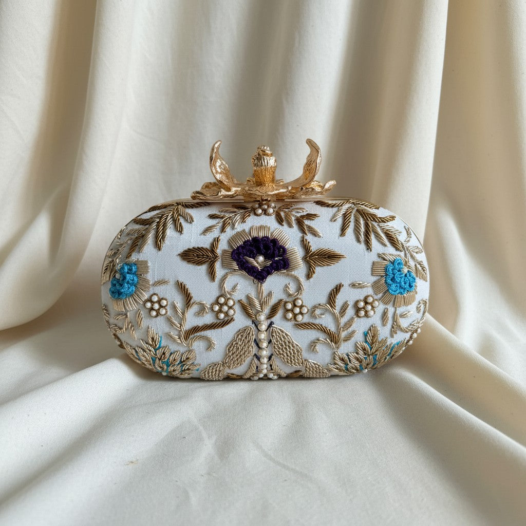 Flower Clasp Oval Off White Clutch (ST1162)
