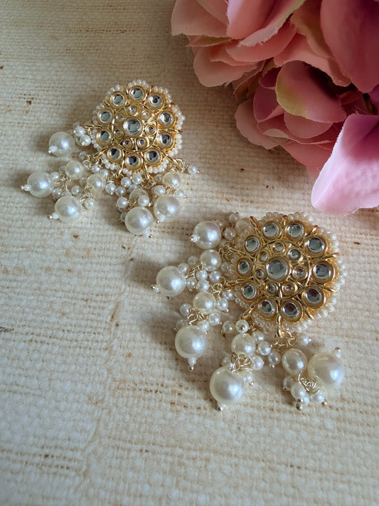Mahi White Gold Plated Kundan Pearl Earrings And Tikka Set (ST1195)