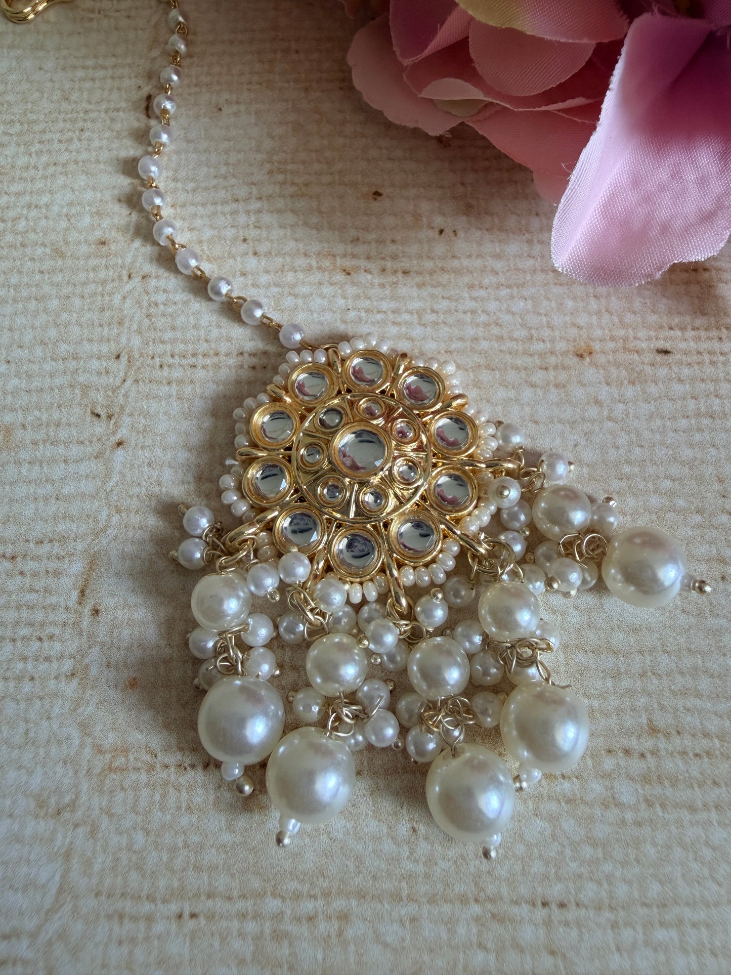 Mahi White Gold Plated Kundan Pearl Earrings And Tikka Set (ST1195)