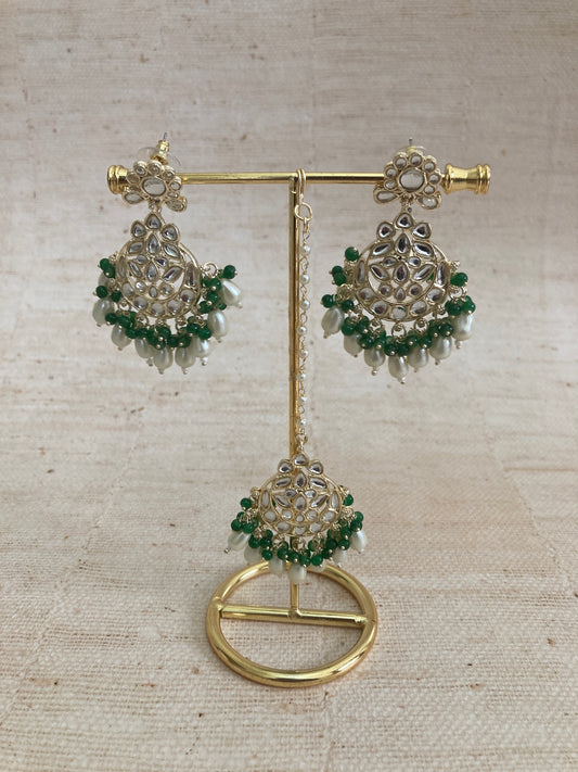 Noor Emerald Green Gold Plated Kundan Earrings And Tikka Set (ST979)