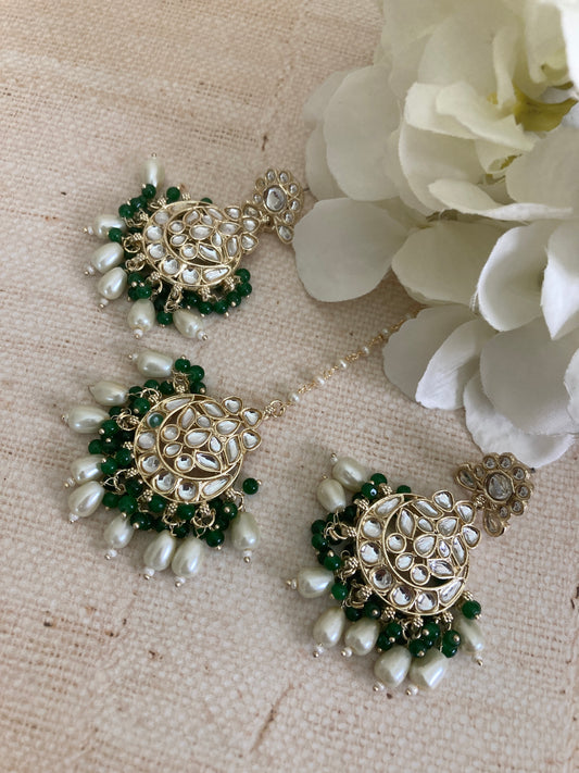 Noor Emerald Green Gold Plated Kundan Earrings And Tikka Set (ST979)