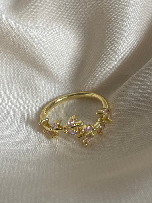 Adjustable Pink 14K Gold Plated Vine Leaf Ring (ST987)