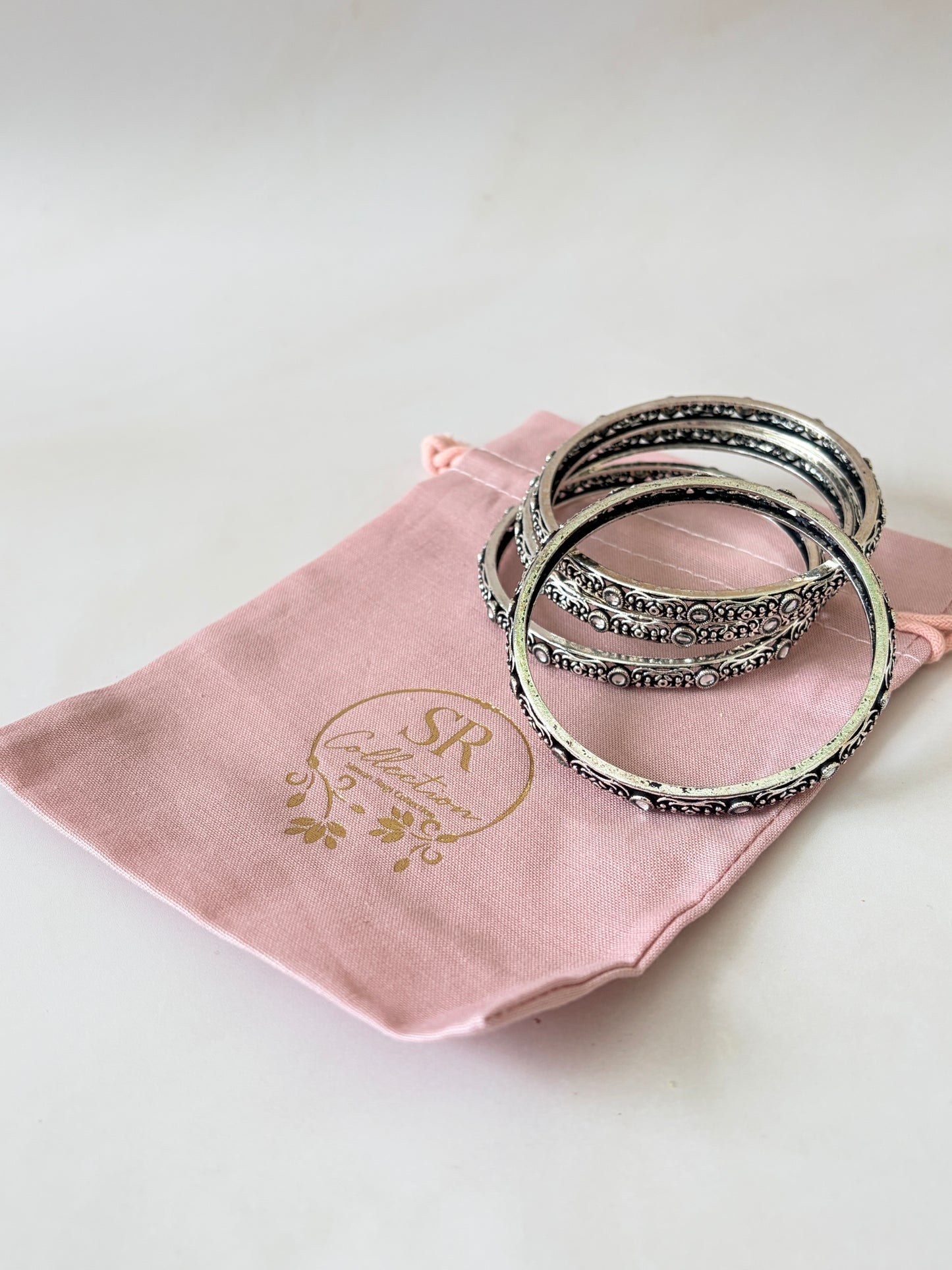 Set Of 4 Oxidised Silver Indian Bangles 2.8  (ST1218)