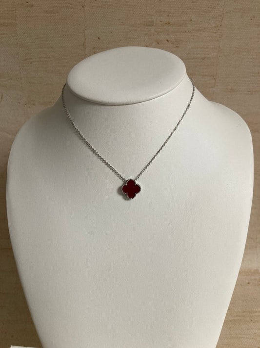 Maroon Single Clover Silver Necklace (ST919)