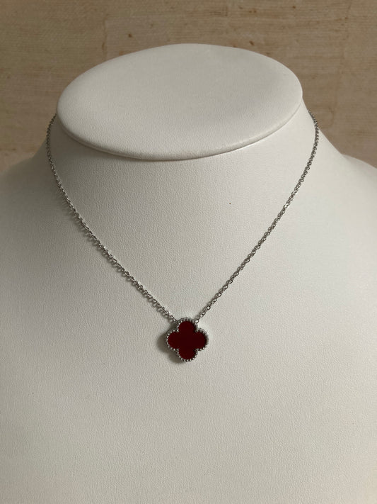 Maroon Single Clover Silver Necklace (ST919)