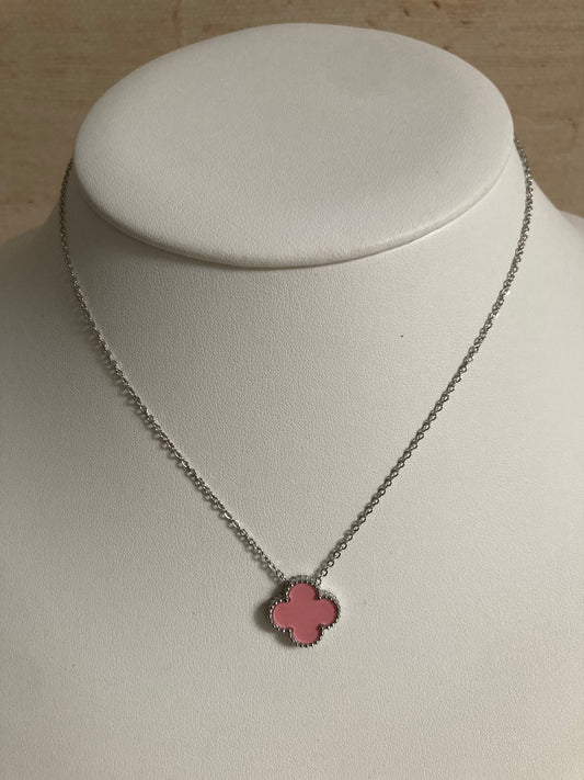 Pink Single Clover Silver Necklace (ST919)