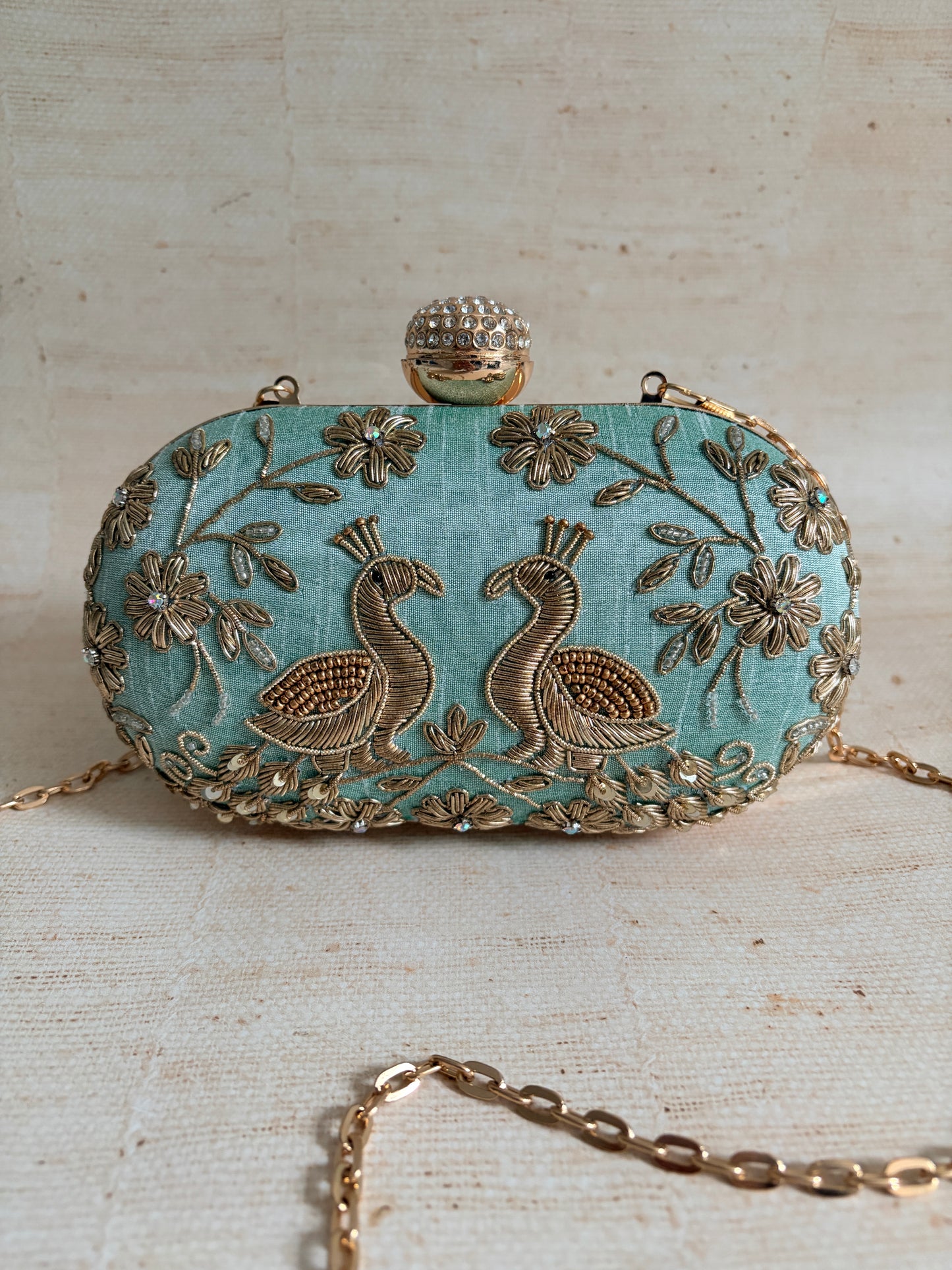 Mint Green Peacock Oval Clutch (ST1222)