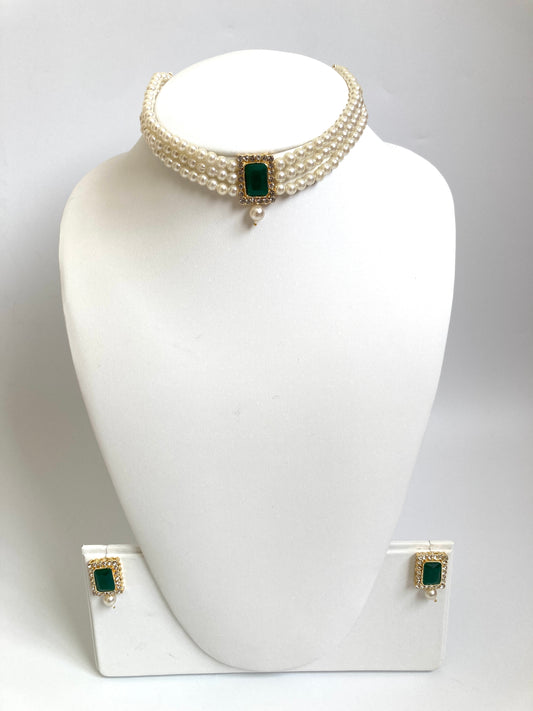 Safeena 18K Gold Plated Handcrafted Pearl Choker Set (ST793) (Emerald)