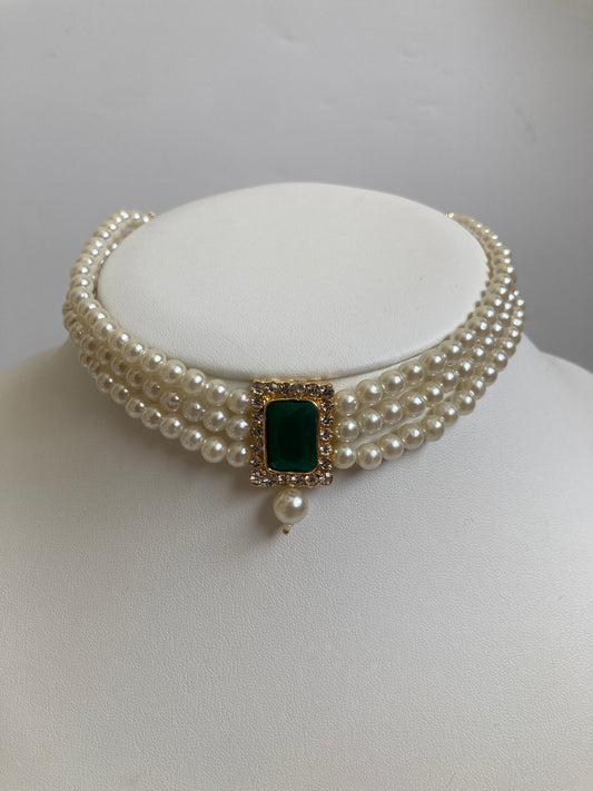 Safeena 18K Gold Plated Handcrafted Pearl Choker Set (ST793) (Emerald)