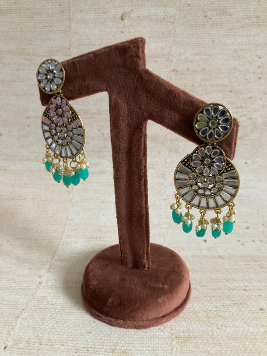 Lalita Oxidised Mirror Dangle Earrings (Green) (ST1006)