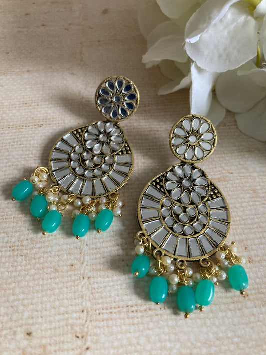 Lalita Oxidised Mirror Dangle Earrings (Green) (ST1006)