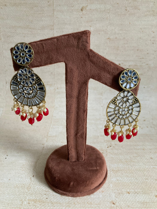 Lalita Oxidised Mirror Dangle Earrings (Red) (ST1006)