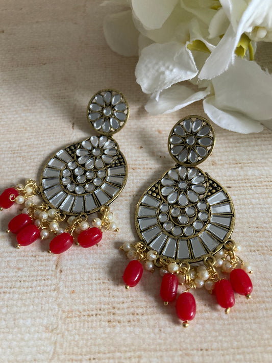 Lalita Oxidised Mirror Dangle Earrings (Red) (ST1006)