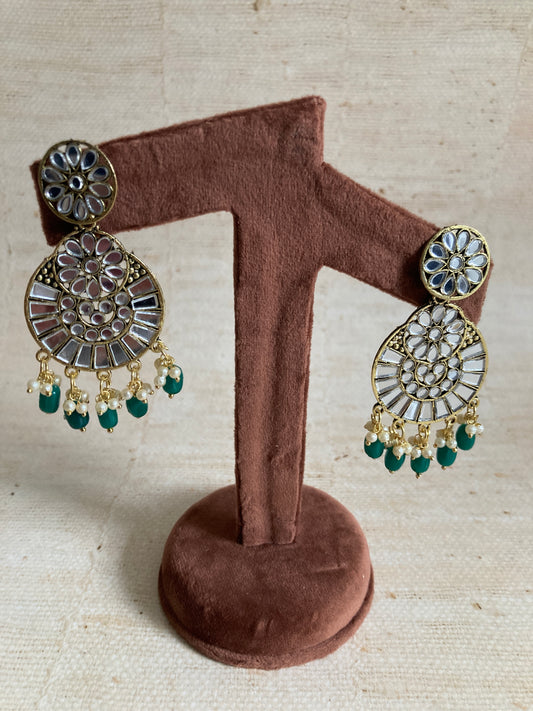 Lalita Oxidised Mirror Dangle Earrings (Emerald) (ST1006)