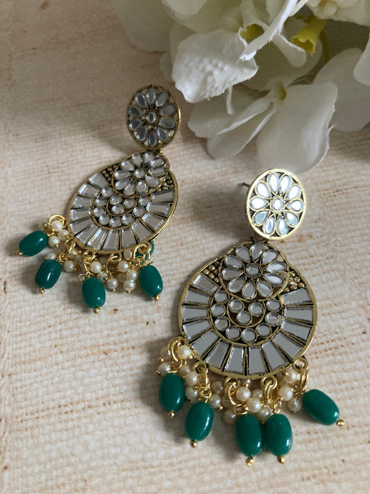 Lalita Oxidised Mirror Dangle Earrings (Emerald) (ST1006)