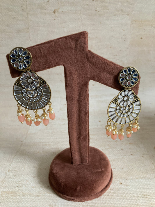 Lalita Oxidised Mirror Dangle Earrings (Peach) (ST1006)