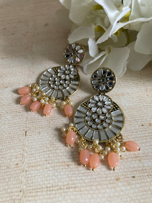Lalita Oxidised Mirror Dangle Earrings (Peach) (ST1006)