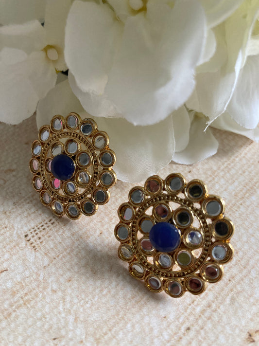 Mirror Circular Stud Earrings (Blue) (ST1008)