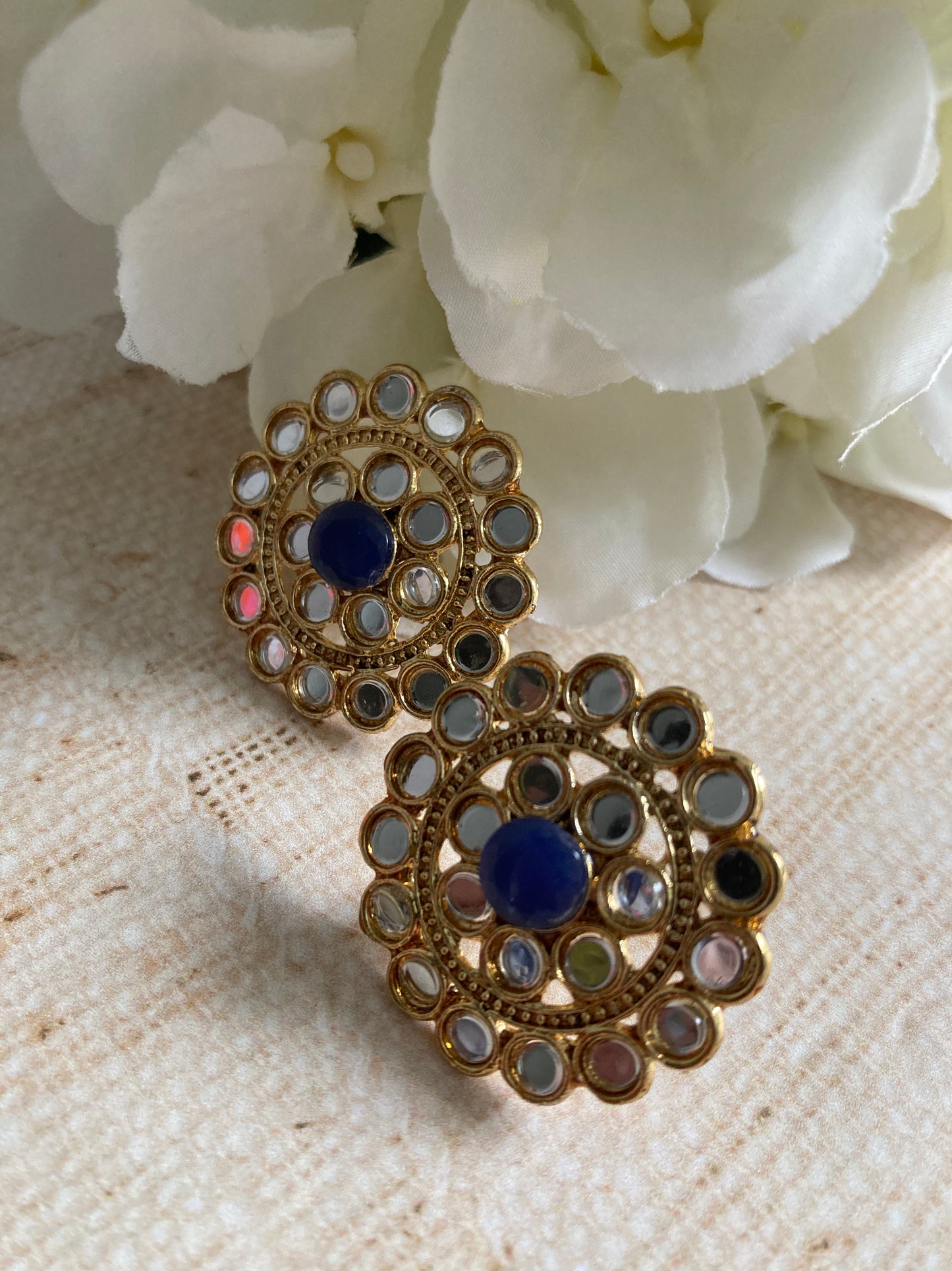 Mirror Circular Stud Earrings (Blue) (ST1008)