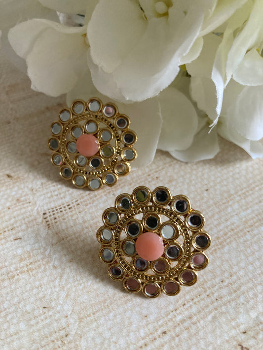 Mirror Circular Stud Earrings (Peach) (ST1008)