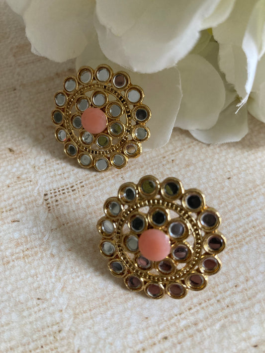 Mirror Circular Stud Earrings (Peach) (ST1008)