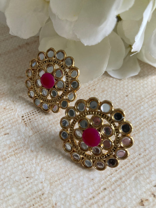 Mirror Circular Stud Earrings (Hot Pink) (ST1008)