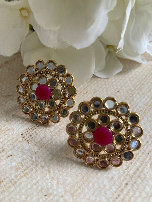 Mirror Circular Stud Earrings (Hot Pink) (ST1008)