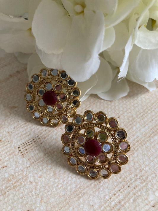 Mirror Circular Stud Earrings (Burgundy) (ST1008)