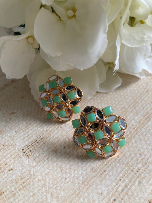 Roop Silver Mirror Stud Earrings (Mint Green) (ST1010)