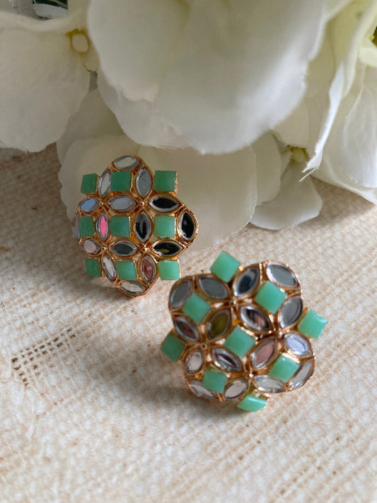 Roop Silver Mirror Stud Earrings (Mint Green) (ST1010)