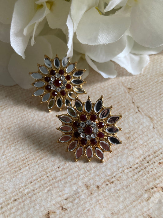 Silver Flower Mirror Stud Earrings (Burgundy) (ST1012)