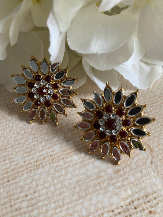 Silver Flower Mirror Stud Earrings (Burgundy) (ST1012)