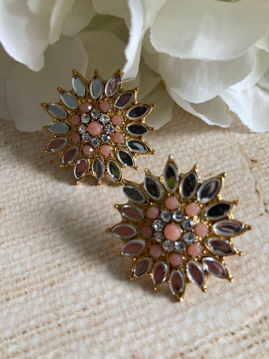 Silver Flower Mirror Stud Earrings (Peach) (ST1012)