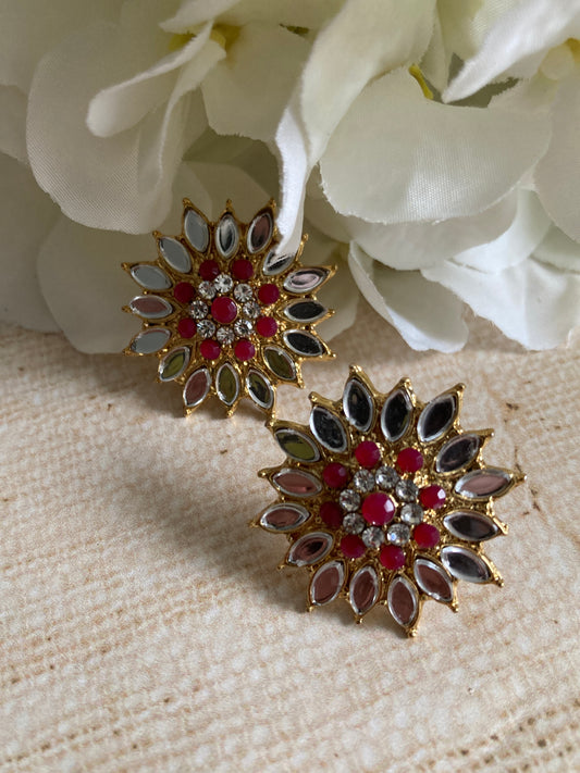 Silver Flower Mirror Stud Earrings (Hot Pink) (ST1012)