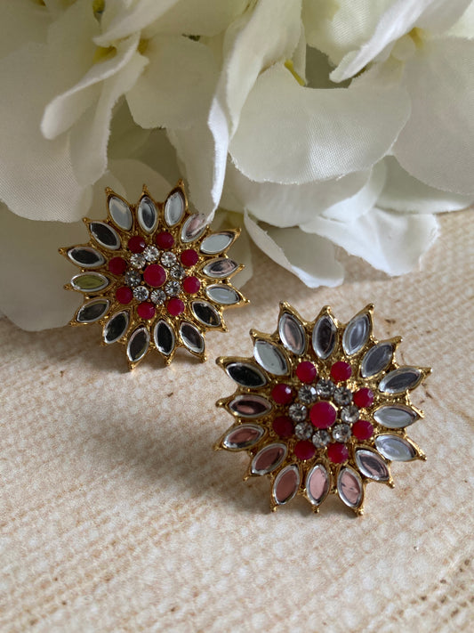 Silver Flower Mirror Stud Earrings (Hot Pink) (ST1012)
