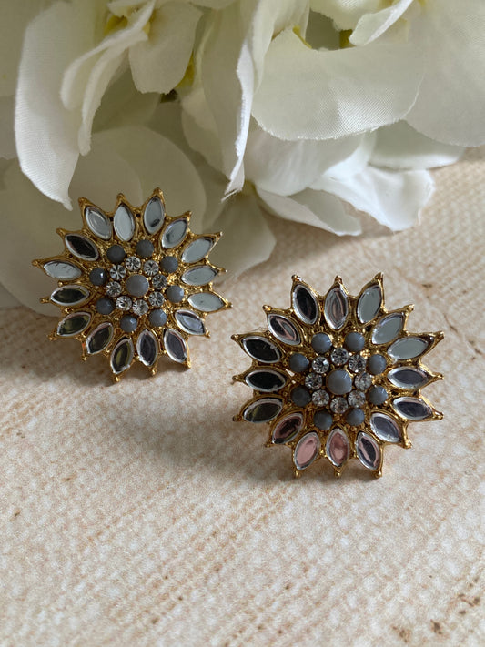 Silver Flower Mirror Stud Earrings (Grey) (ST1012)