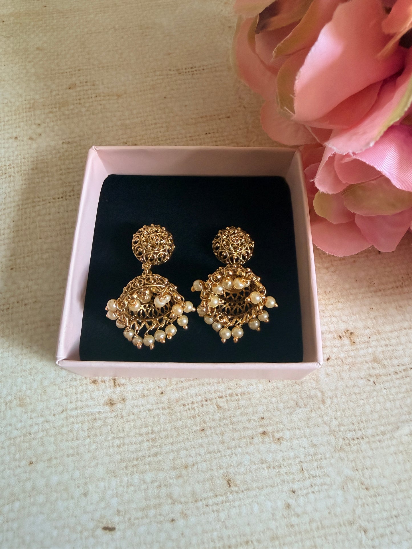 Gold Plated Small Jhumki Earrings (ST1216) (Pearl)
