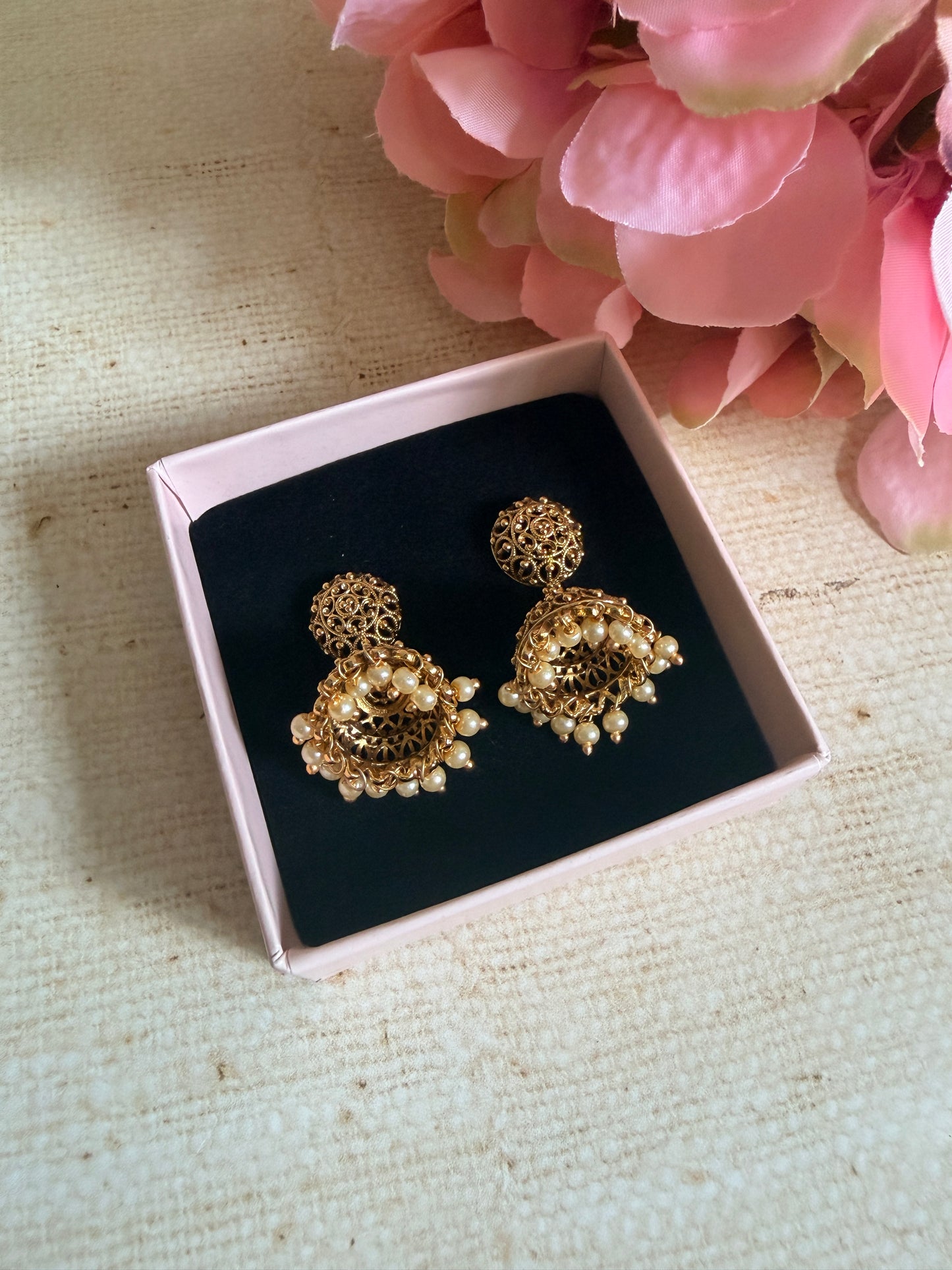 Gold Plated Small Jhumki Earrings (ST1216) (Pearl)