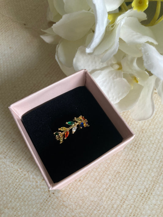 Adjustable Gold Plated Multicoloured Vine Leaf Ring (ST988)